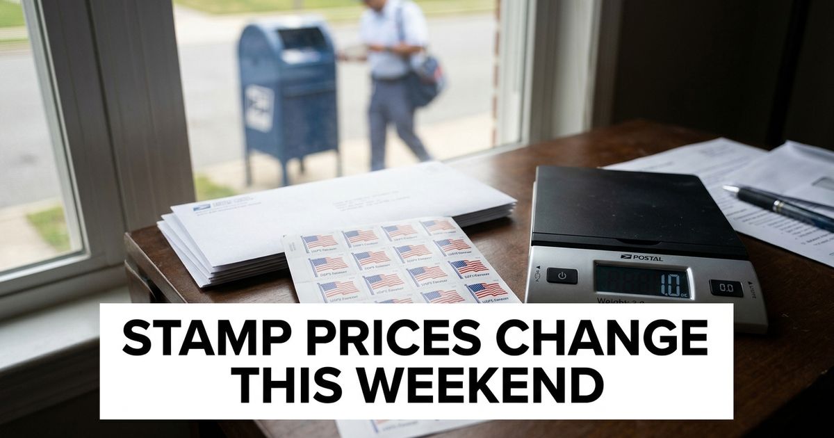 Forever stamp price increase shown with stamps, envelopes and a postal scale before the July 2026 USPS rate change.