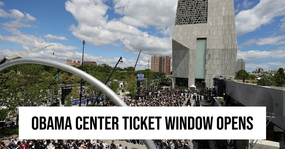 Obama Center tickets article image showing visitors outside a modern museum entrance with a digital ticket.