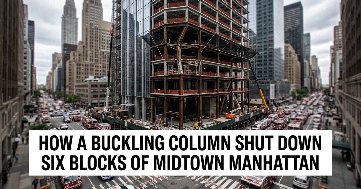 Midtown Manhattan office tower under construction representing the building buckling evacuation