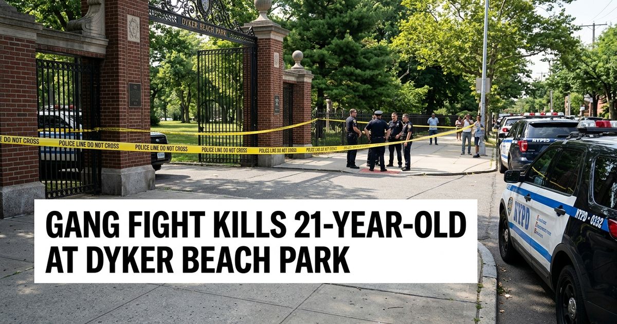NYPD responded to Dyker Beach Park in Dyker Heights, Brooklyn on June 27, 2026, after two men were stabbed during a fight between rival gangs. A 21-year-old was pronounced dead at hospital; a 30-year-old remains in critical condition.