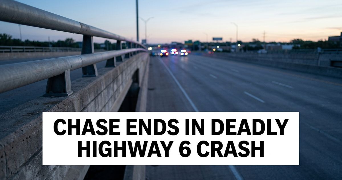 Elevated highway overpass at dawn with emergency lights in the distance, representing the fatal Highway 6 police chase crash in Houston