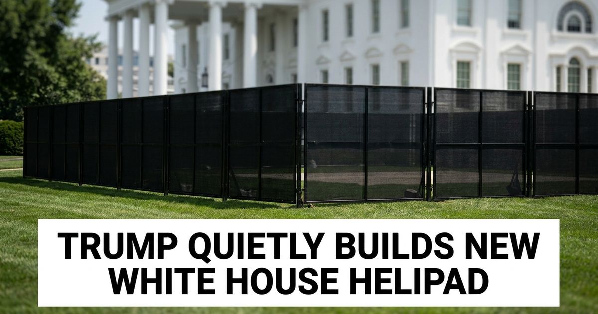 Construction fence around a section of lawn near a government building, representing the new White House helipad project