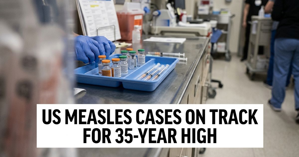 Vaccination vials and syringes on a clinical counter, representing rising US measles cases in 2026