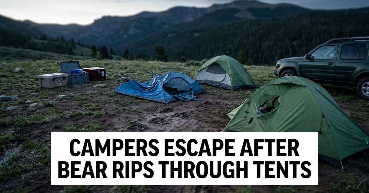 Wyoming black bear tent incident shown through torn tents and bear tracks at a Bighorn Mountains campsite.