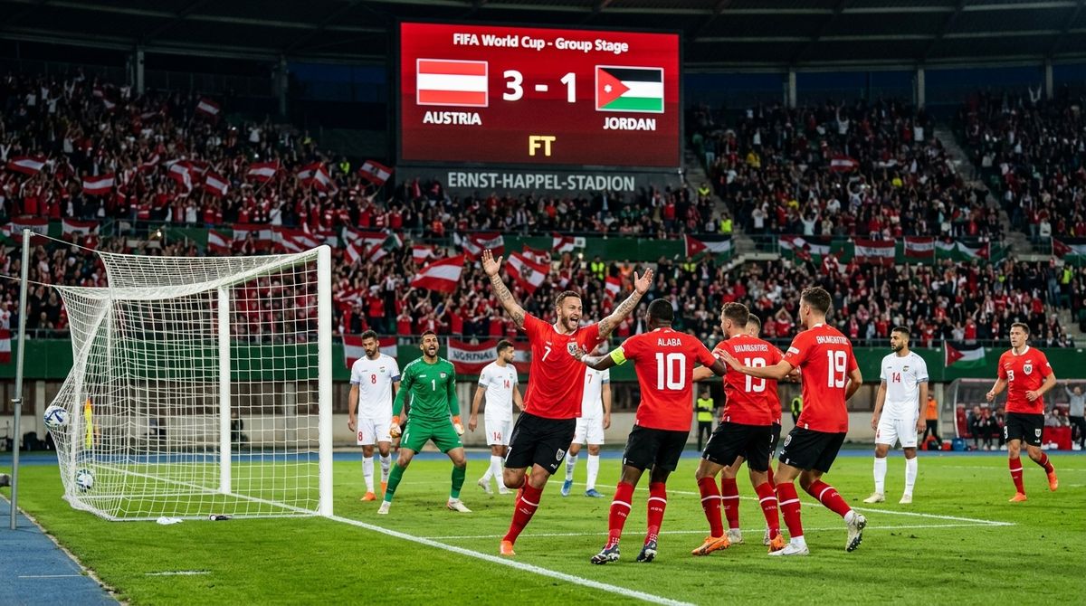 Austria celebrate their 3-1 win over Jordan at the 2026 World Cup in San Francisco, with Marko Arnautovic converting the decisive late penalty.