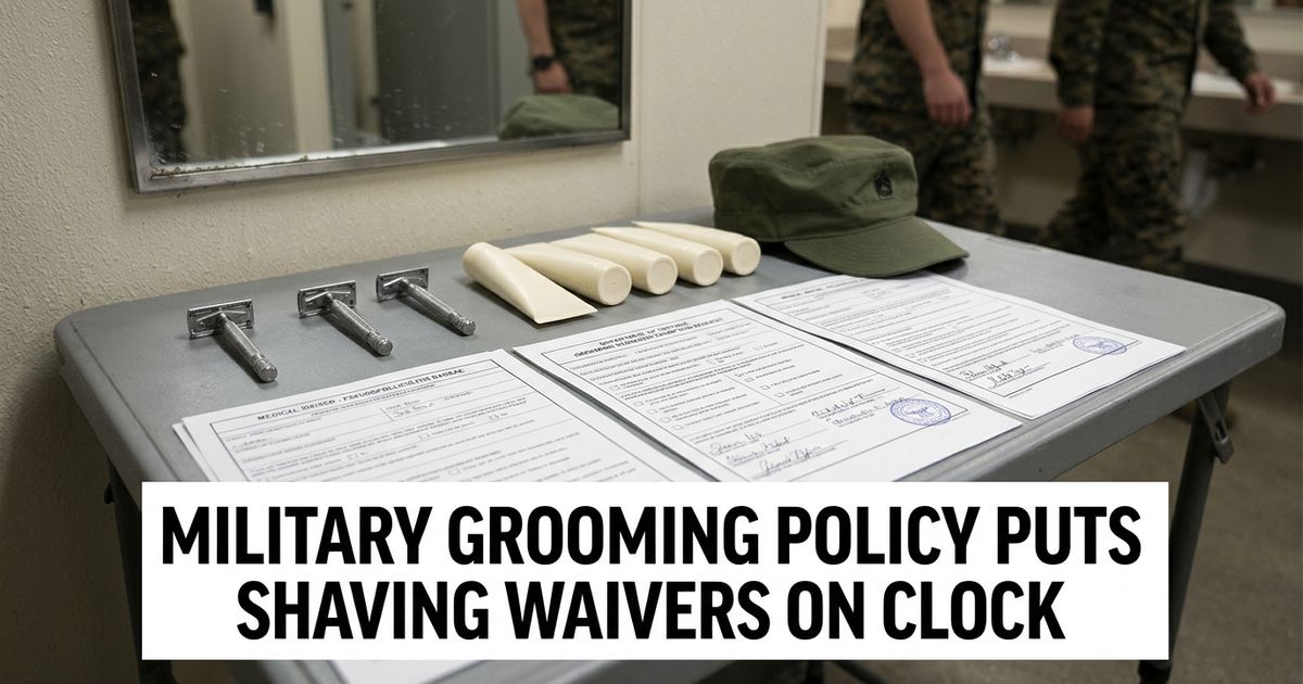 Military grooming policy paperwork beside razors, a uniform cap and a blurred barracks mirror.