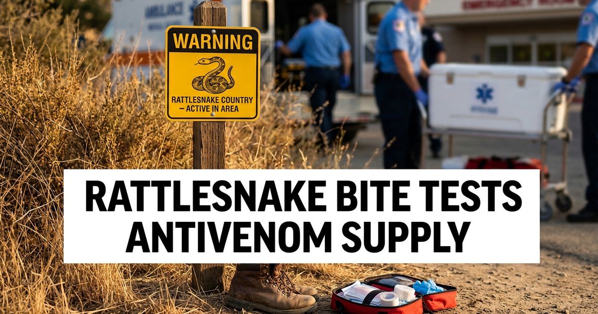 Rattlesnake warning sign near a California trail with hiking boots and an emergency medical bag.
