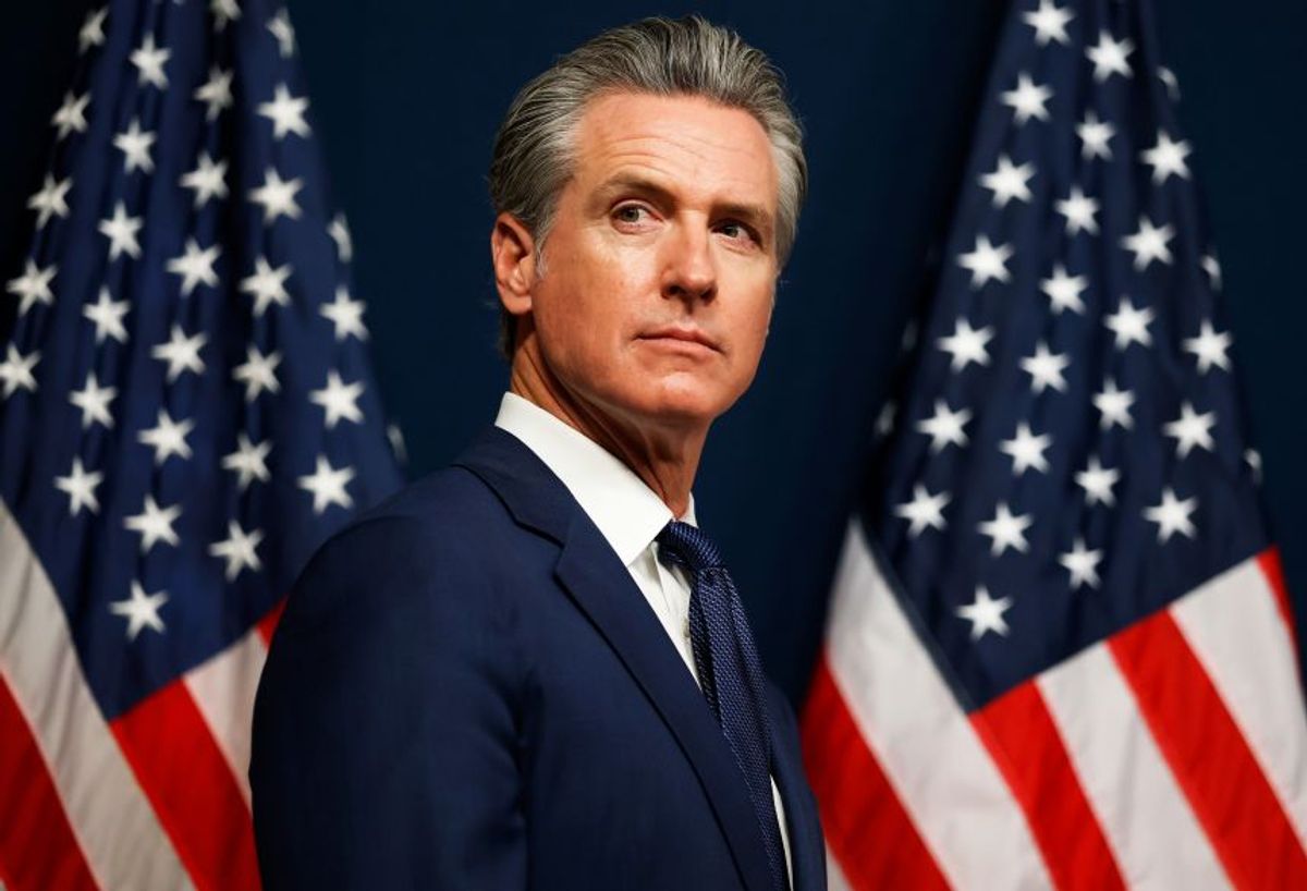 Gavin Newsom speaks during the Newsom DOJ investigation dispute involving Donald Trump.