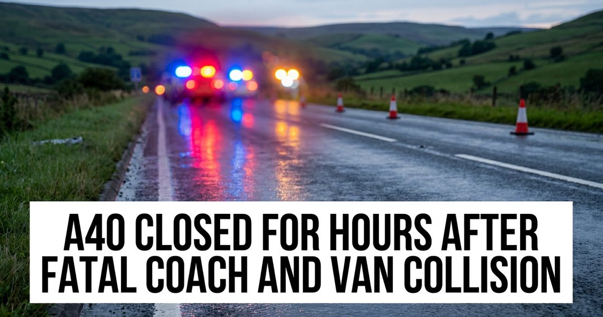 Rural Welsh highway with emergency lights representing the A40 Llandeilo coach and van crash