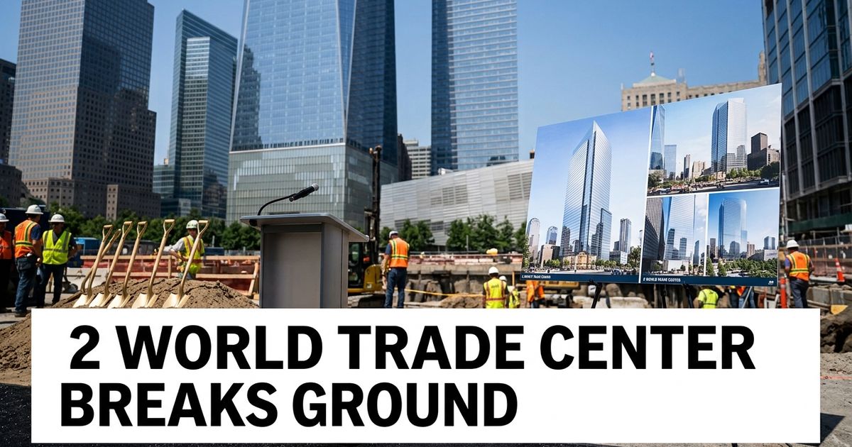 Lower Manhattan construction groundbreaking setup with hard hats, tower renderings and World Trade Center buildings in the background.