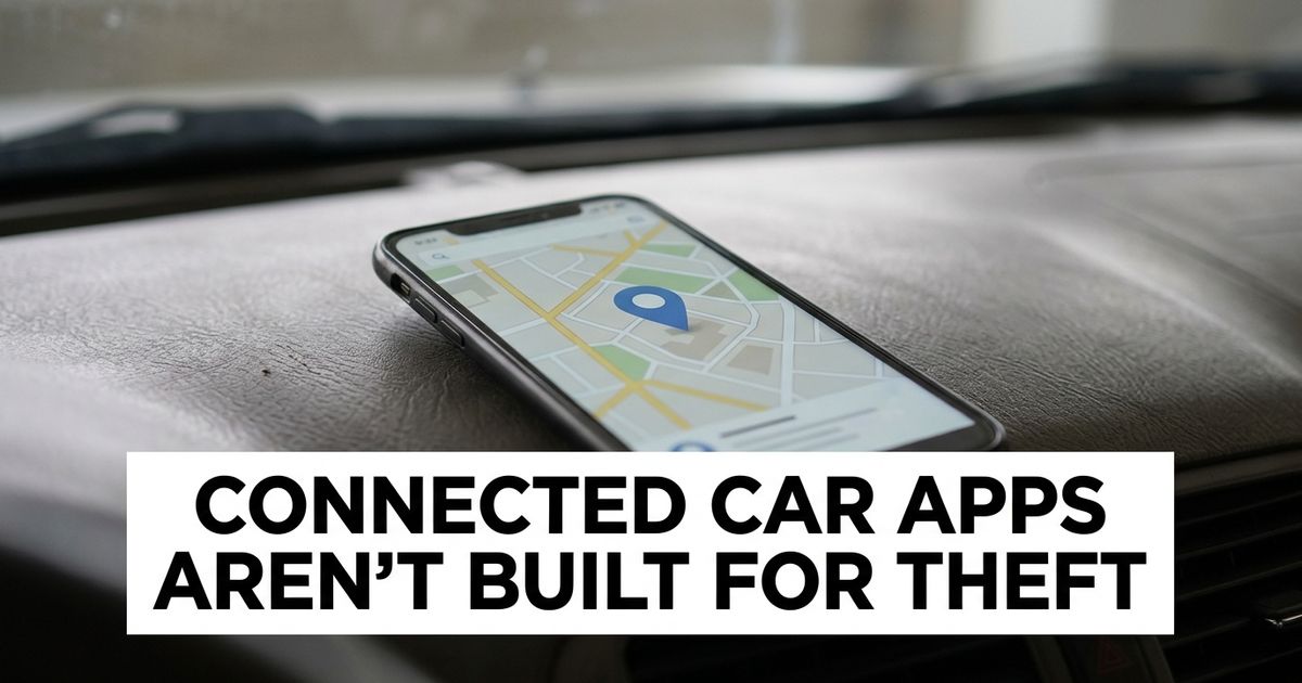 Smartphone tracking app on a car dashboard, representing the limits of connected car theft-recovery features