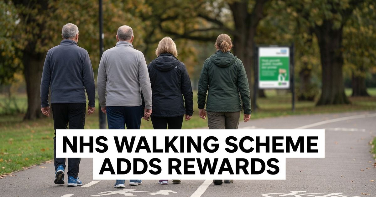 NHS walking rewards plan shown through adults walking in a UK park while checking a fitness tracker.
