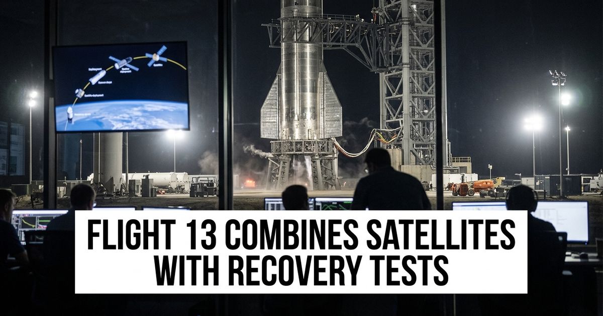 SpaceX Starship Flight 13 vehicle prepared at Starbase for satellite deployment and recovery tests.