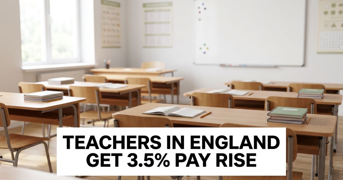 Empty primary school classroom with desks and a whiteboard, representing the announced teacher pay rise in England