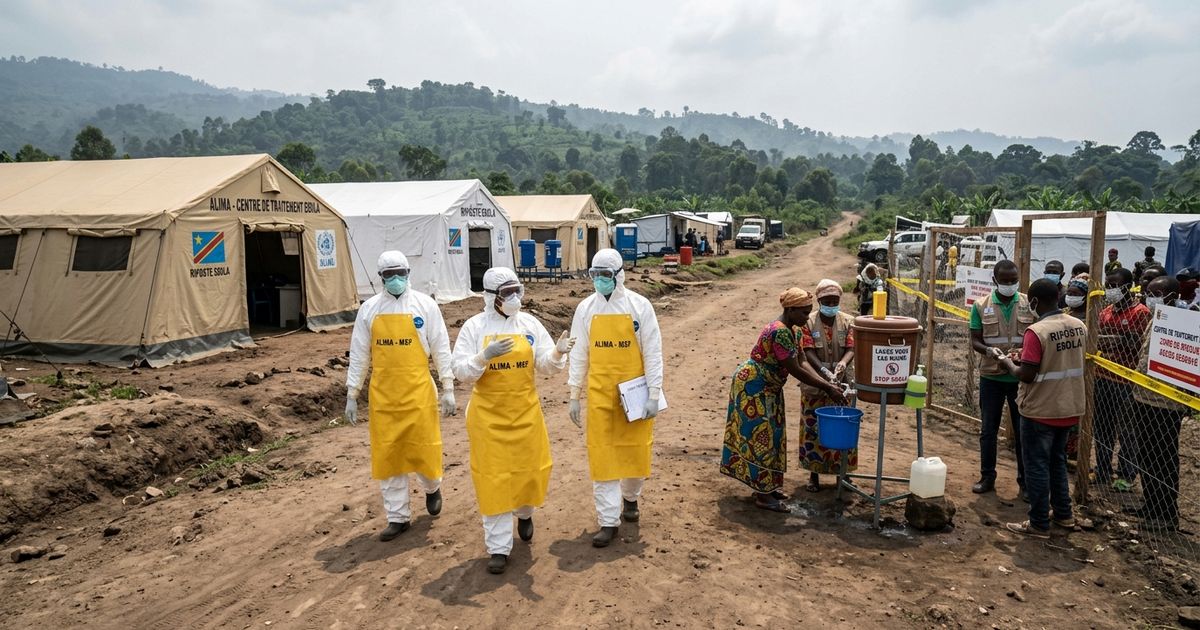 Ebola outbreak in Congo with health workers outside treatment centre