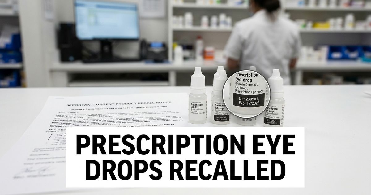 Prescription eye drop bottles on a pharmacy counter with recall paperwork and highlighted lot numbers.