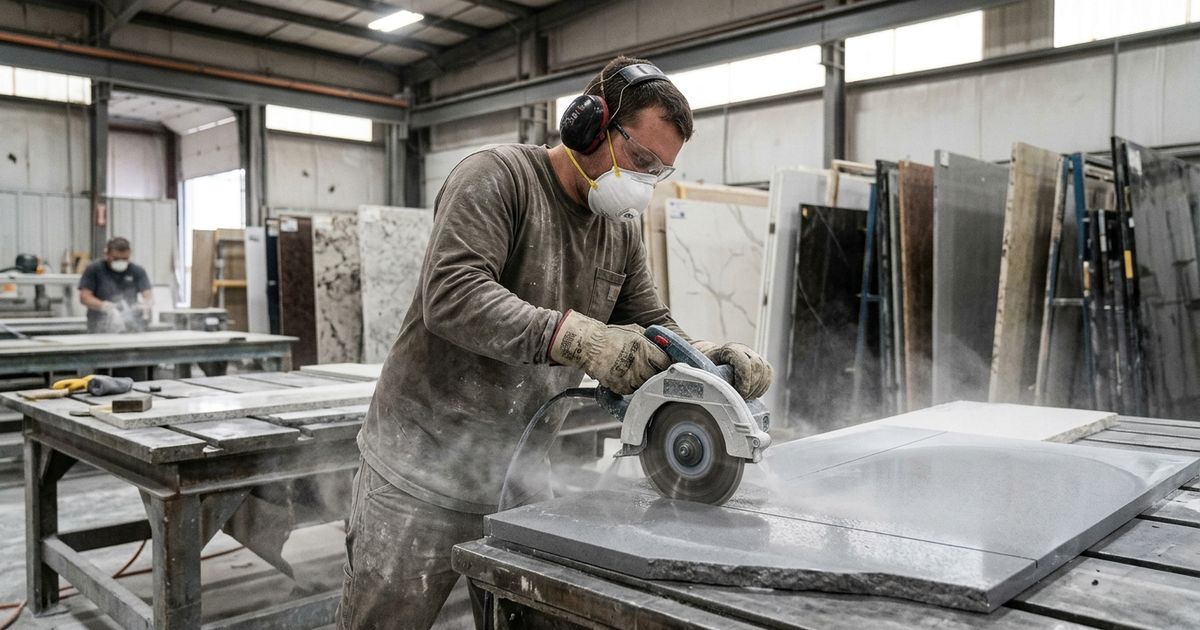 Countertop worker cutting quartz stone — silicosis cases among US fabrication workers have exceeded 480 in California alone.