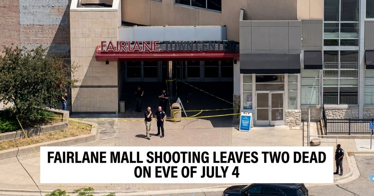 Shopping mall exterior with police vehicles representing the Dearborn Fairlane mall shooting