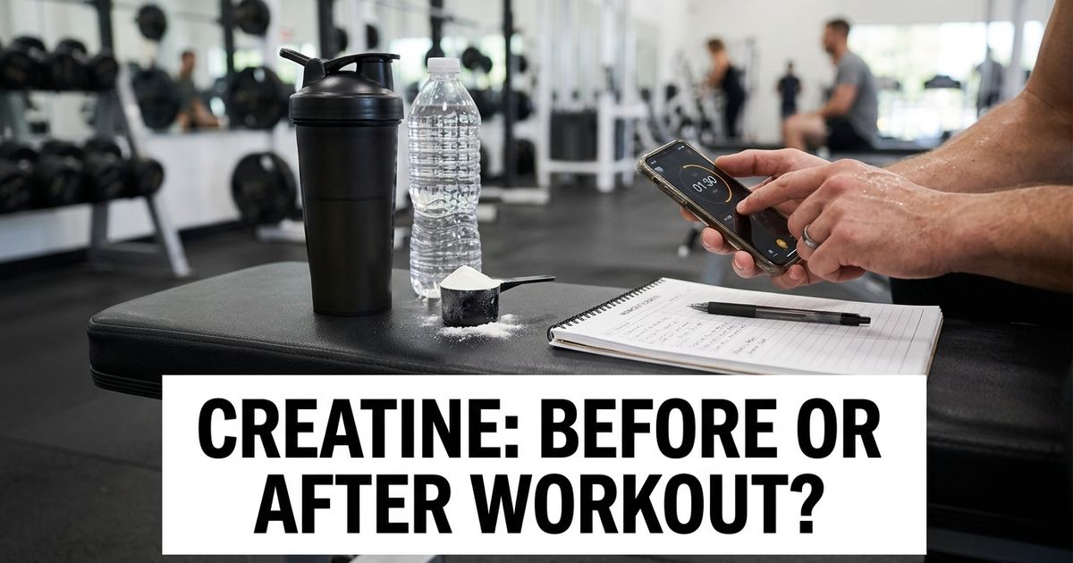 Should creatine be taken before or after workout shown with creatine monohydrate powder and a shaker bottle in a gym.