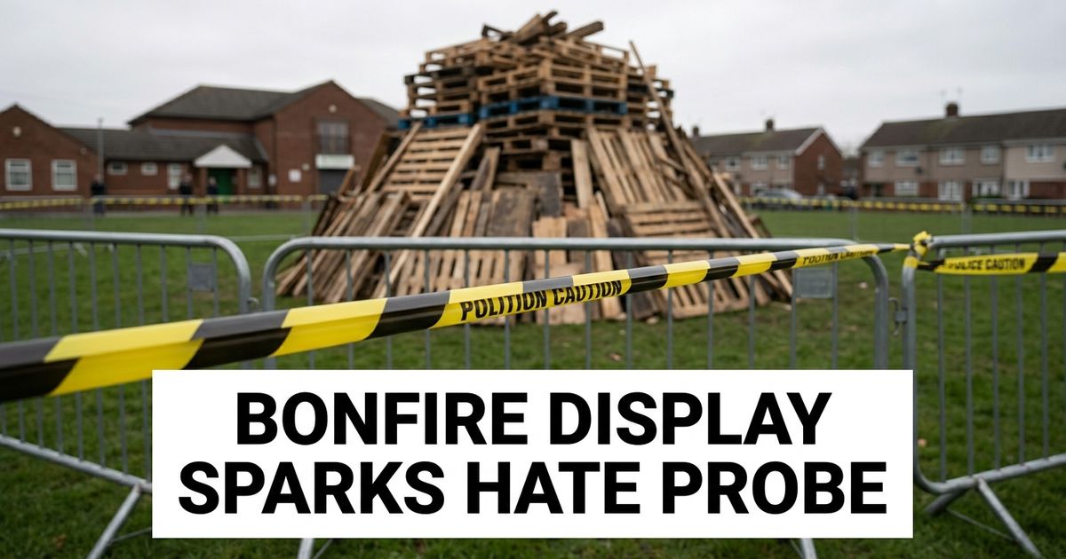 Police tape near a large bonfire structure after a Moygashel display prompted a hate-incitement investigation.