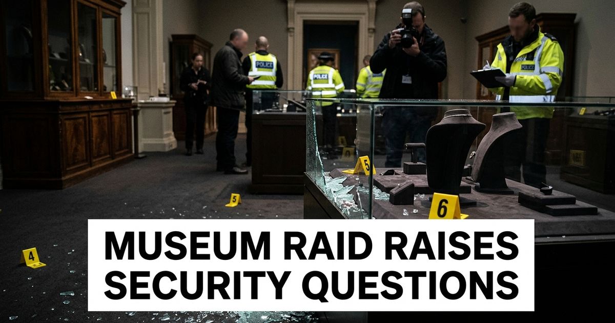 Lalique jewelry theft scene represented by a museum display room with shattered glass and investigators.