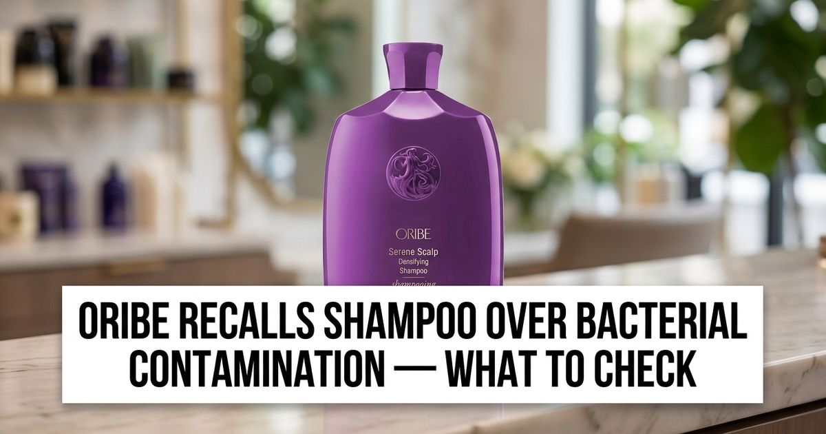 Shampoo bottle on a bathroom shelf representing the Oribe recall over bacterial contamination