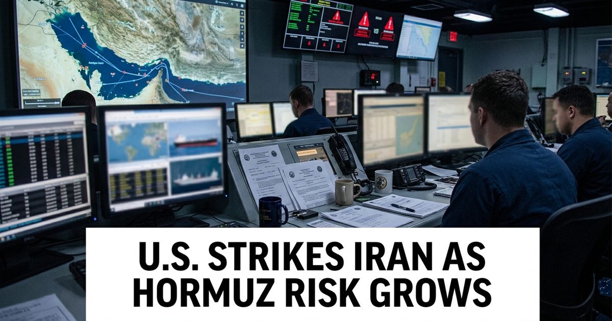 Naval operations room with Strait of Hormuz map and tanker-tracking screens after new U.S. strikes on Iran.