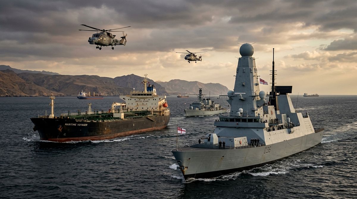 Royal Navy vessels escort commercial tankers near the Strait of Hormuz.