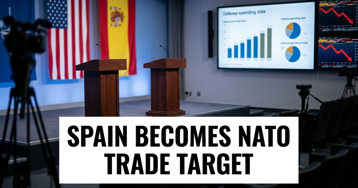 Trump Spain trade threat article image showing NATO podiums, U.S. and Spanish flags and market screens.