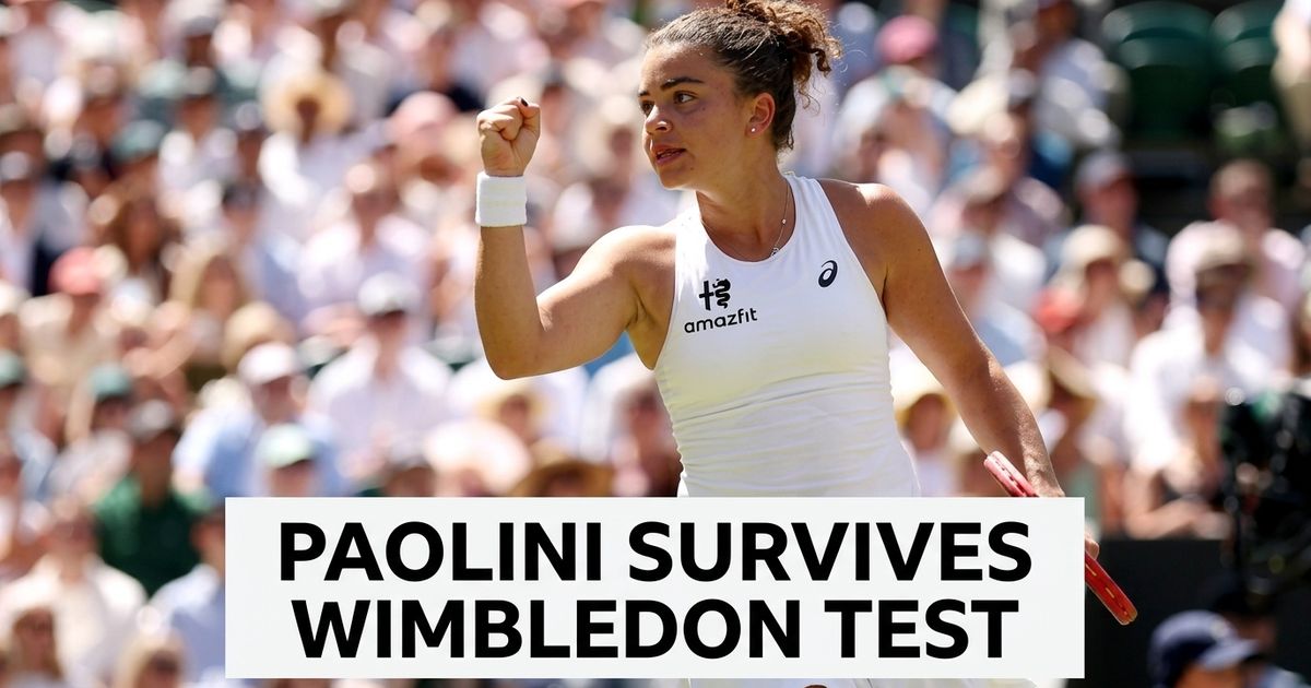 A women’s tennis player celebrates on grass after Jasmine Paolini beat Alexandra Eala at Wimbledon.