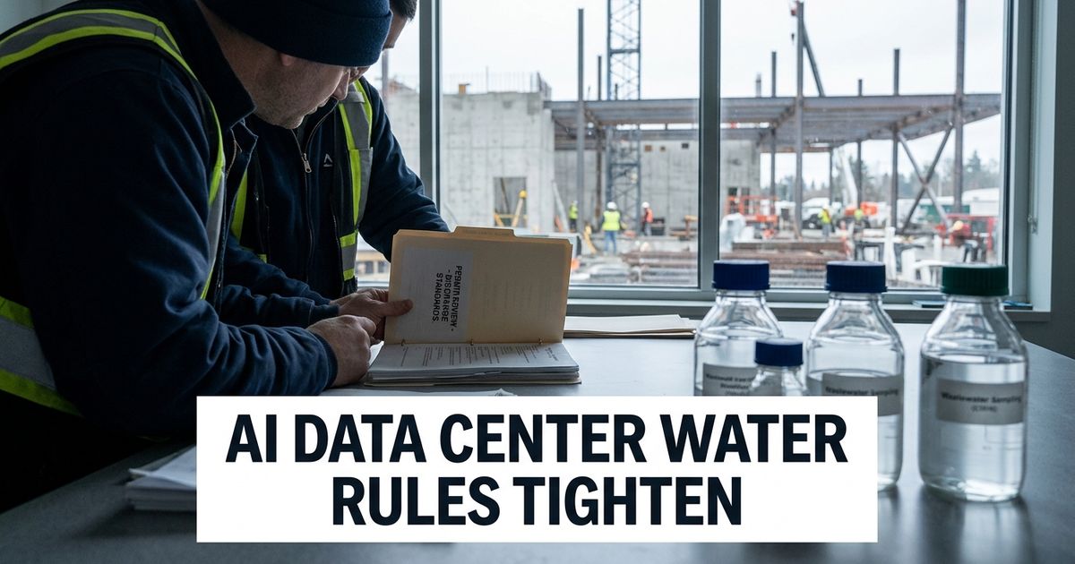 Cheyenne Meta data-center wastewater article image showing water samples and a data-center construction site.