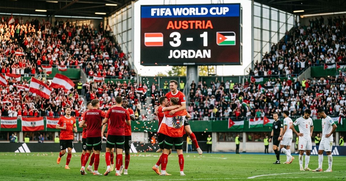 Austria celebrate their 3-1 win over Jordan at the 2026 World Cup in San Francisco, with Marko Arnautovic converting the decisive late penalty.