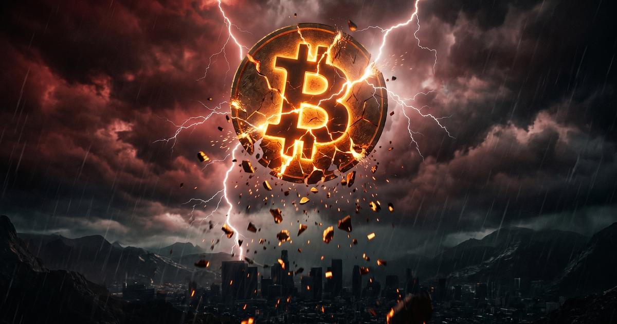A dramatic cinematic wide shot of a massive glowing Bitcoin symbol cracking apart against a stormy dark sky, lightning striking around it, deep red and black tones with fragments of the coin falling downward, financial crisis and crypto crash atmosphere, cinematic editorial style, 16:9 aspect ratio, photorealistic, no text visible, no real logos, no real faces