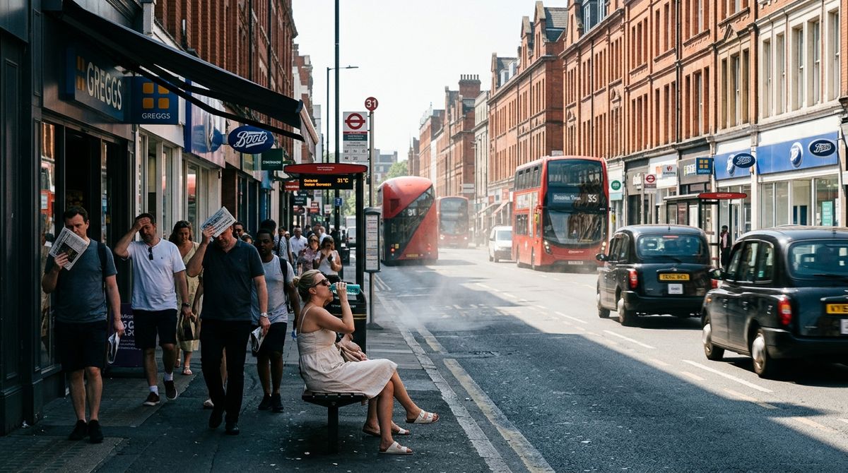 TheTrendsWire-Style realistic AP-style editorial photography showing a heat haze shimmering over a UK city street with people seeking shade, documentary-style weather photography, 16:9.