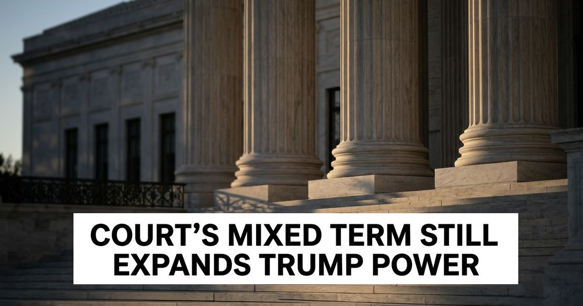 Supreme Court building exterior columns, representing the court's term review on presidential power