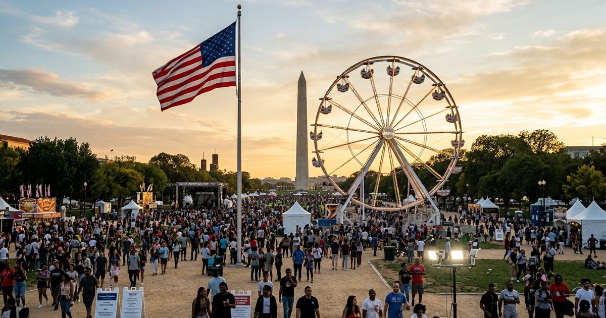A 110-foot Ferris wheel stands on the National Mall as President Trump kicked off the Great American State Fair and America 250 celebrations on June 25, 2026.