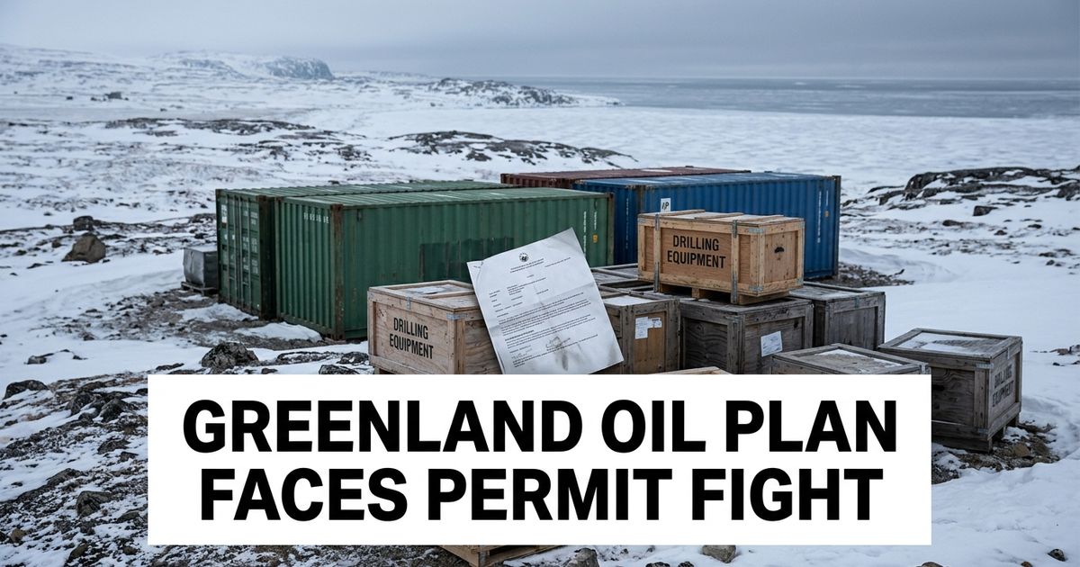Arctic coastline with drilling equipment containers, permit papers and snowy Greenland tundra.