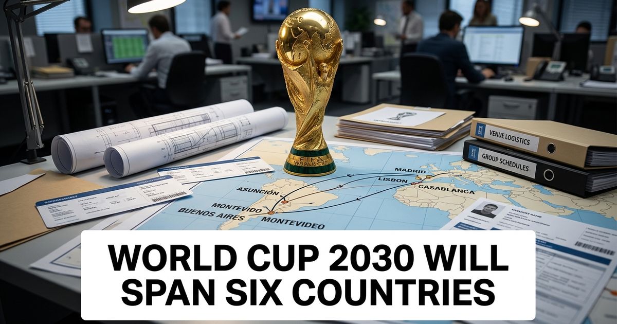 Where the 2030 World Cup will be hosted, shown through a route map linking six host countries across three continents.
