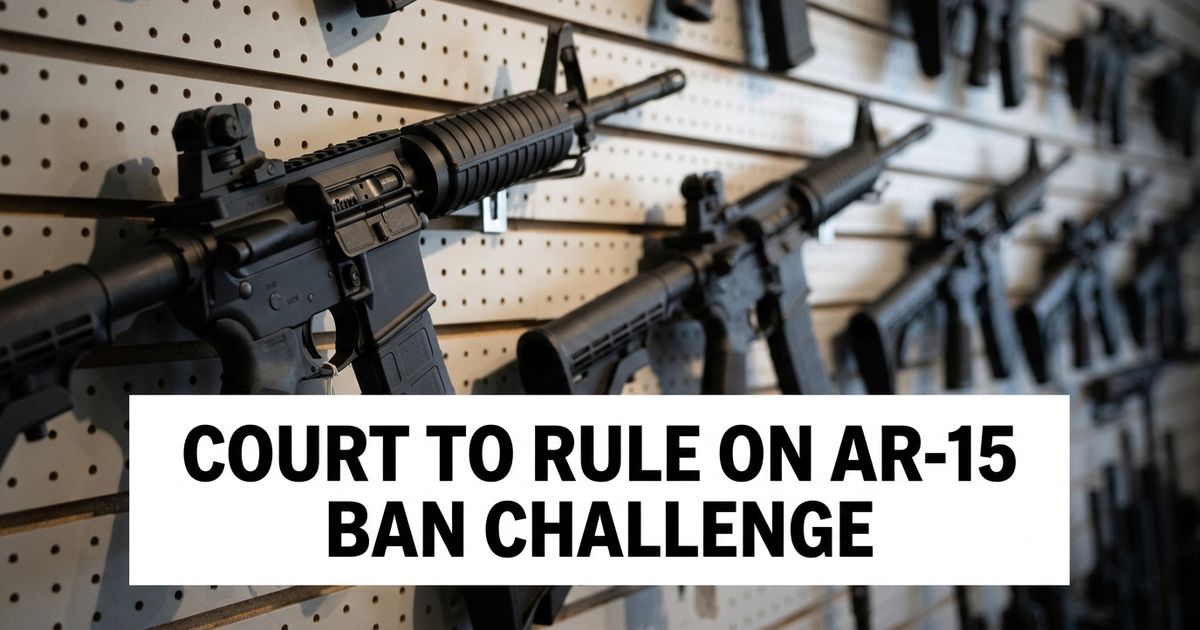 Row of AR-15-style rifles on display, representing the Supreme Court case on assault weapons bans