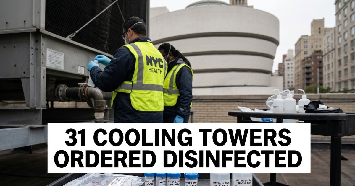 NYC Legionnaires outbreak investigation with health inspectors sampling Upper East Side cooling towers near the Guggenheim Museum.