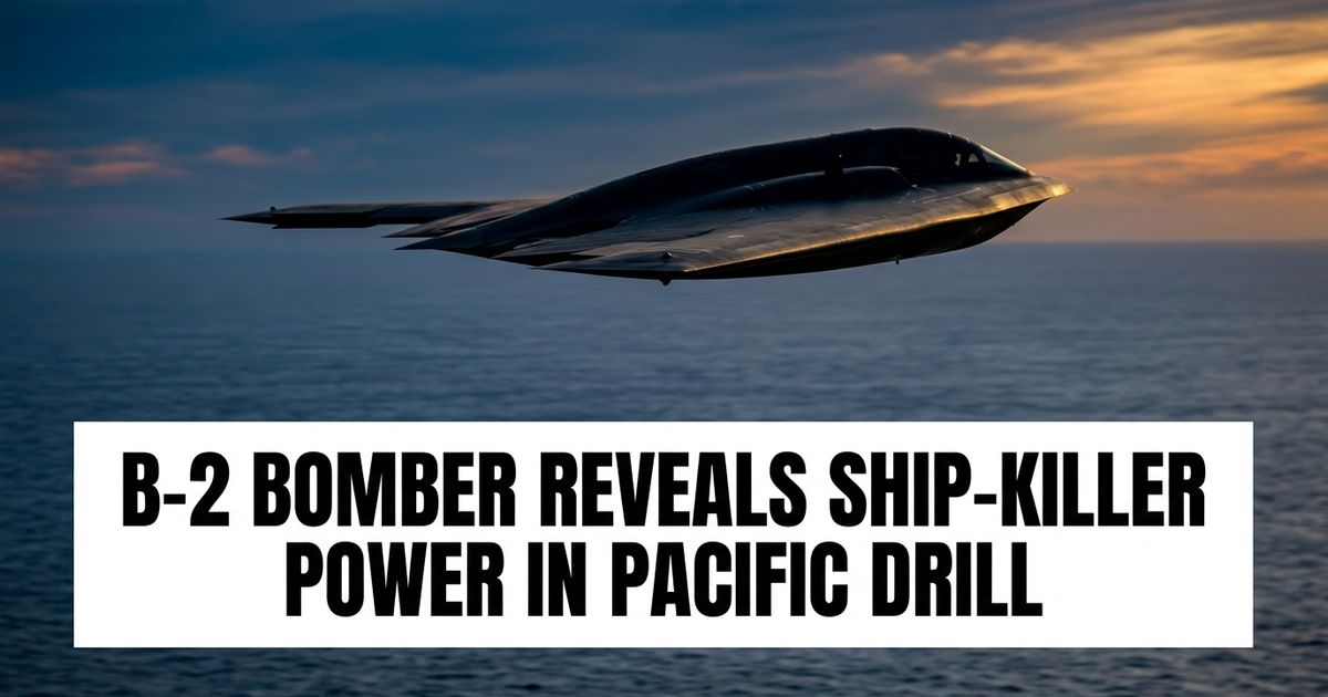 Stealth bomber aircraft flying over the ocean at dusk, representing the B-2's anti-ship missile demonstration during Valiant Shield 2026