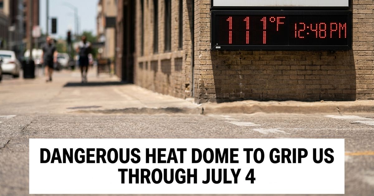 Digital thermometer display showing extreme high temperature on a city street, representing the dangerous heat dome forecast for the US July 4 weekend