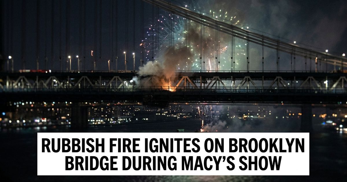 Suspension bridge with smoke rising representing the Brooklyn Bridge fire during July 4th fireworks