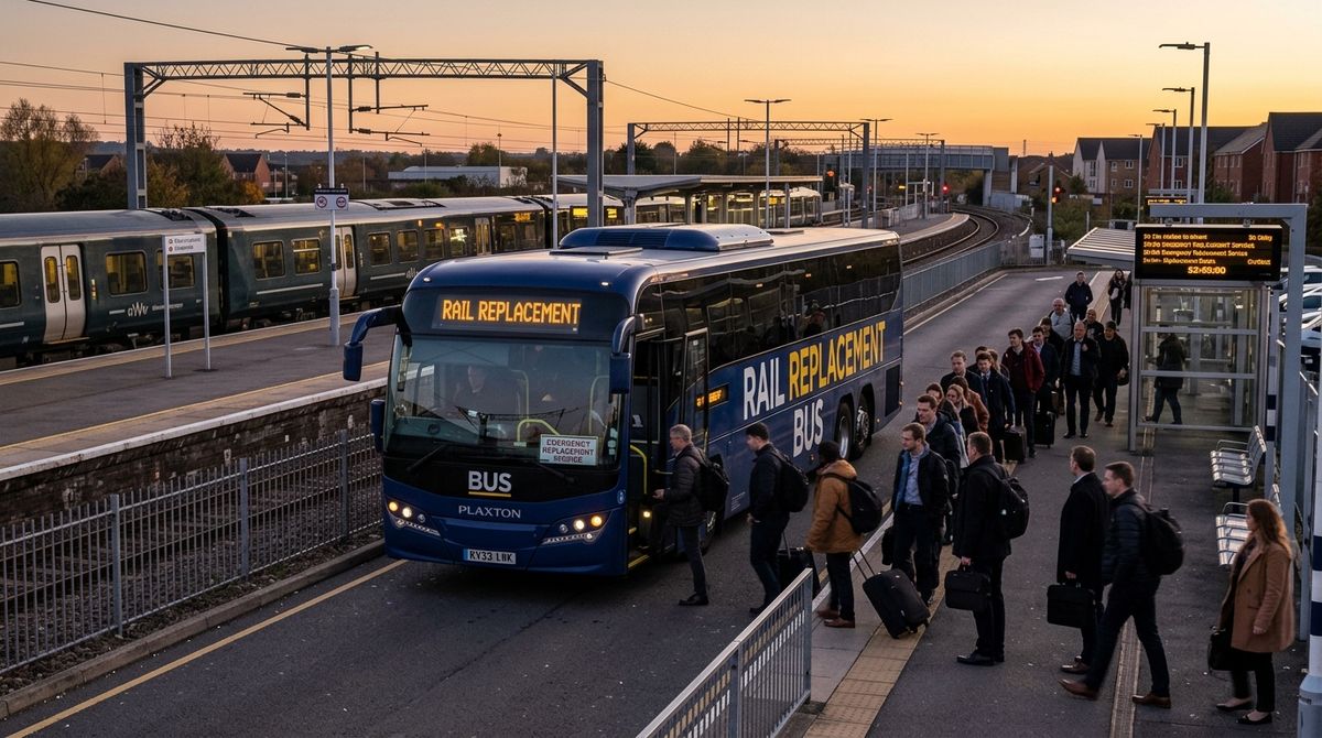 TheTrendsWire-Style realistic AP-style editorial photography showing a railway platform with a replacement bus parked nearby under evening light, factual transport news photography, 16:9.