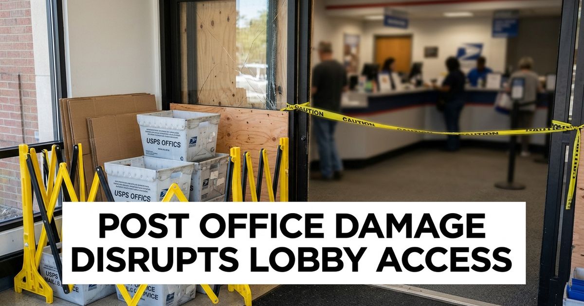 Damaged post office lobby entrance with safety barriers, mail bins and repair tape.