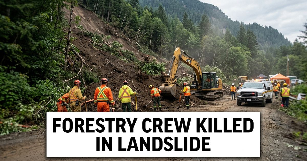 Gansu landslide article image showing rescuers and excavators below a steep forested slope.