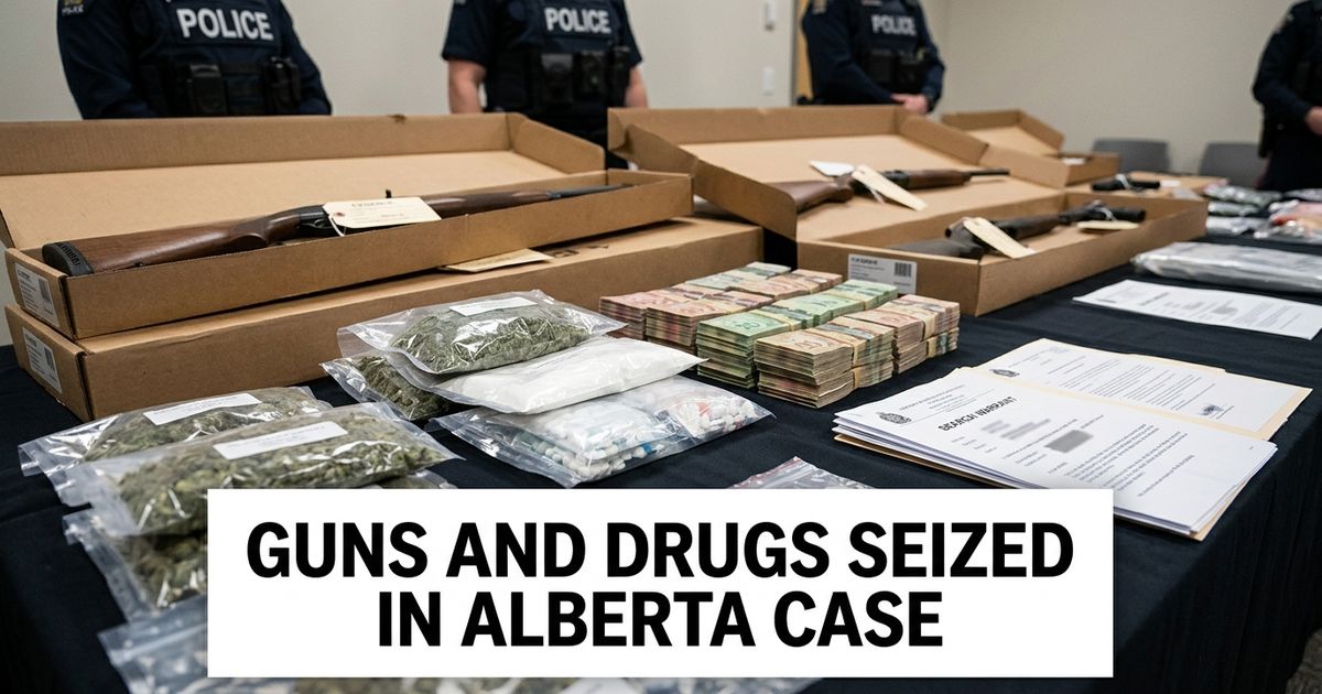 Fort McMurray drug and firearms seizure represented by evidence boxes, cash and police paperwork.