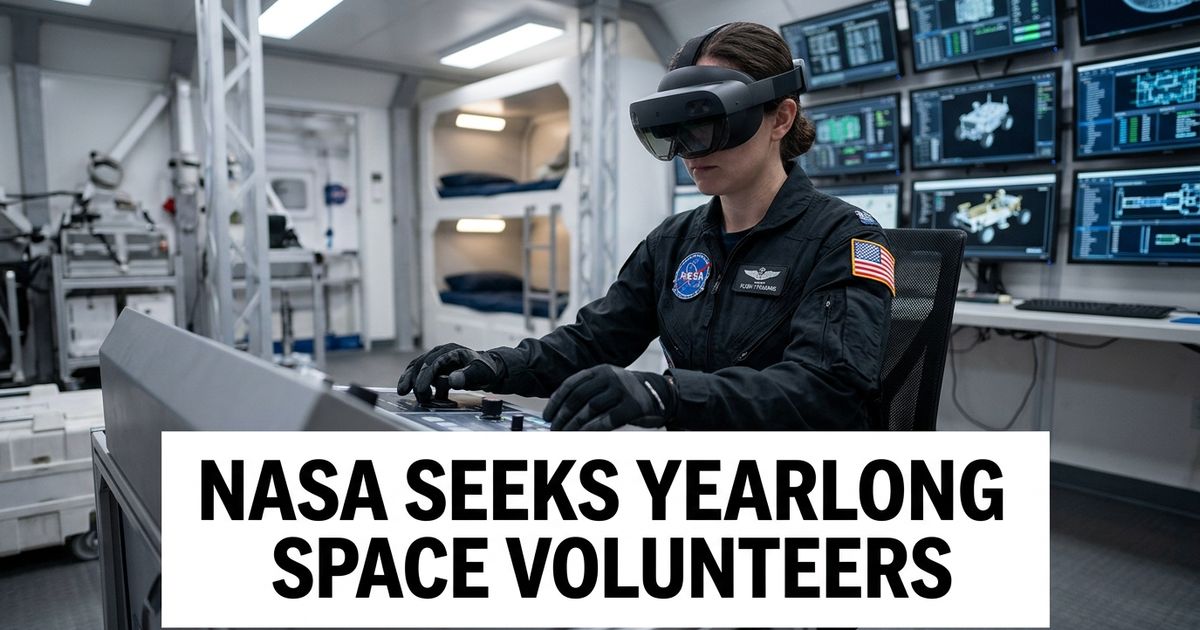 NASA simulated space habitat with mission screens, rover console and volunteer performing astronaut-like tasks.