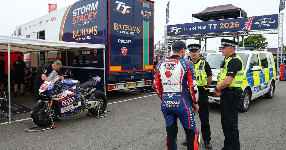 British Superbike motorcycle racing representing Storm Stacey Isle of Man TT 2026 controversy