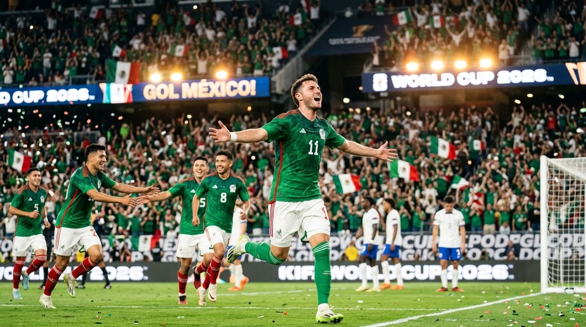 Mexico celebrates Luis Romo's 50th-minute goal in a 1-0 World Cup 2026 win over South Korea at Estadio Akron in Guadalajara, clinching first place in Group A.